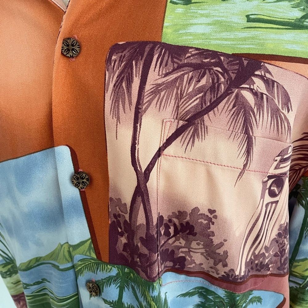 Vintage Tommy Bahama 100% Silk Camp Shirt in Orange Aloha Print - Picture 8 of 12